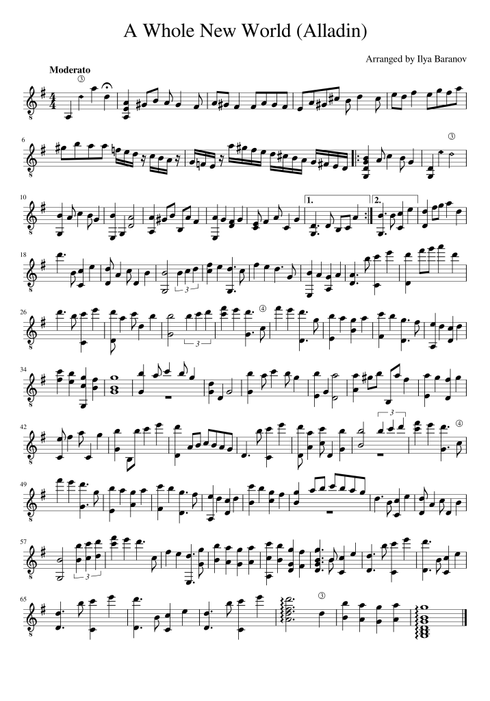 A Whole New World notes for guitar